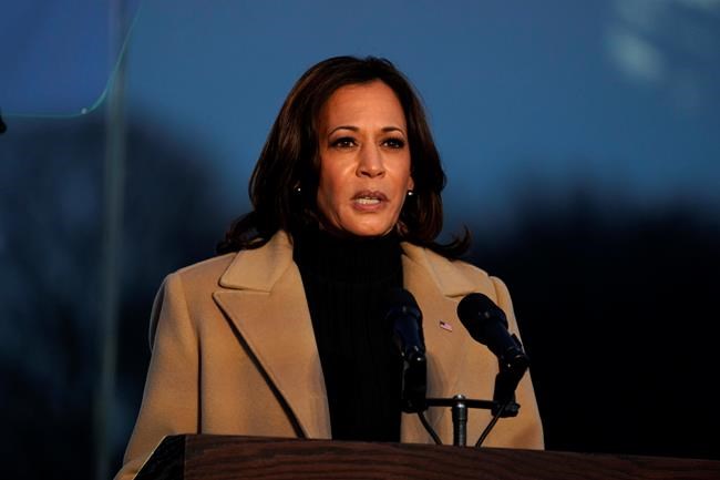 Vice President-elect Kamala Harris speaks during a COVID-19 memorial Tuesday, Jan. 19, 2021, in Washington. (AP Photo/Evan Vucci)