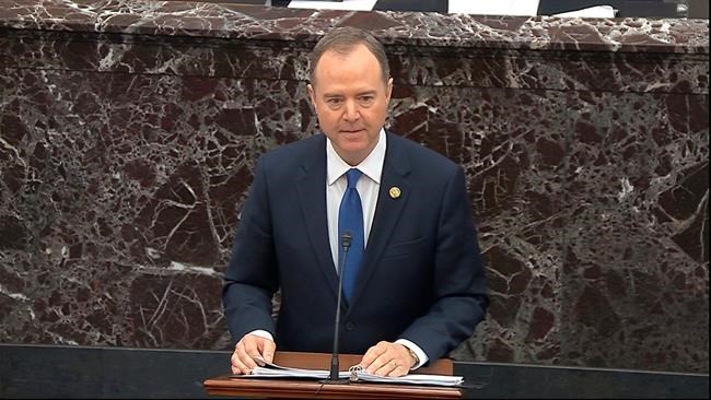 In this image from video, House impeachment manager Rep. Adam Schiff, D-Calif., speaks during closing arguments in the impeachment trial against President Donald Trump in the Senate at the U.S. Capitol in Washington, Monday, Feb. 3, 2020. (Senate Television via AP)