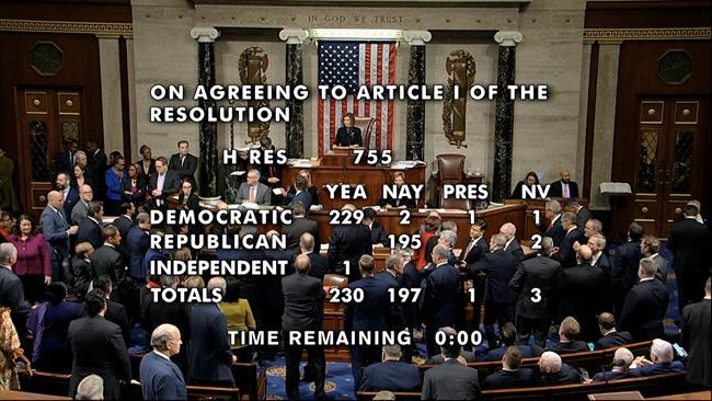 House Speaker Nancy Pelosi of Calif., announces the passage of the first article of impeachment, abuse of power, against President Donald Trump by the House of Representatives at the Capitol in Washington, Wednesday, Dec. 18, 2019. (House Television via AP)