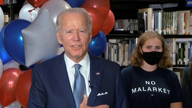 In this image from video, Democratic presidential candidate former Vice President Joe Biden, speaks after the roll call vote during the second night of the Democratic National Convention on Tuesday, Aug. 18, 2020. (Democratic National Convention via AP)
