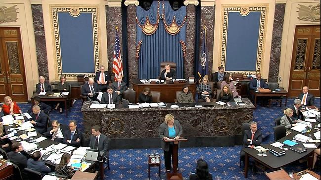In this image from video, House impeachment manager Rep. Zoe Lofgren, D-Calif., speaks during the impeachment trial against President Donald Trump in the Senate at the U.S. Capitol in Washington, Thursday, Jan. 23, 2020. (Senate Television via AP)