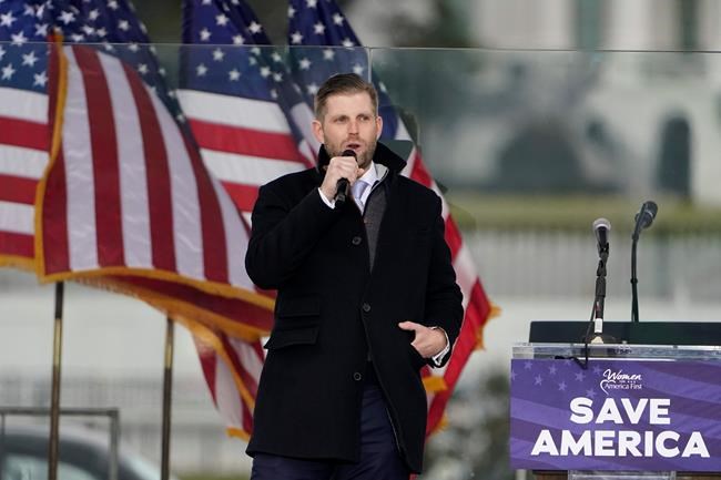 Eric Trump speaks Wednesday, Jan. 6, 2021, in Washington, at a rally in support of President Donald Trump called the