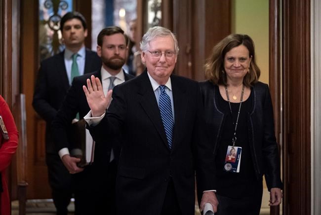 Senate Majority Leader Mitch McConnell, R-Ky., leaves the chamber after leading the impeachment acquittal of President Donald Trump at the Capitol in Washington, Wednesday, Feb. 5, 2020. (AP Photo/J. Scott Applewhite)