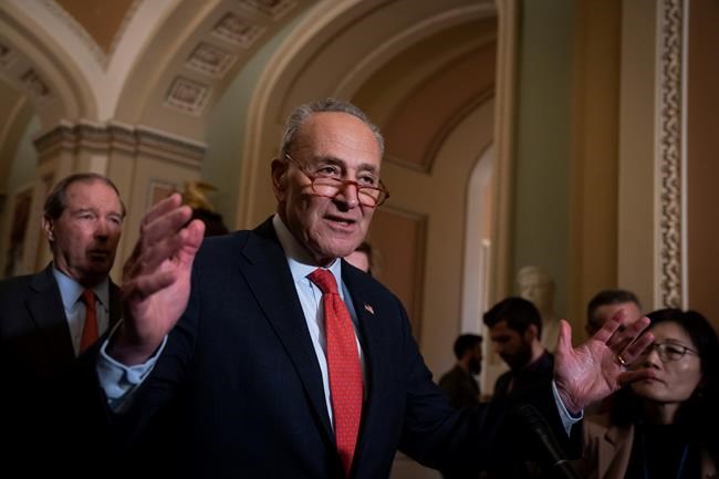 Senate Minority Leader Chuck Schumer, D-N.Y., joined at left by Sen. Tom Udall, D-N.M., meets with reporters as the House prepares to send the articles of impeachment against President Donald Trump to the Senate, at the Capitol in Washington, Tuesday, Jan. 14, 2020. (AP Photo/J. Scott Applewhite)