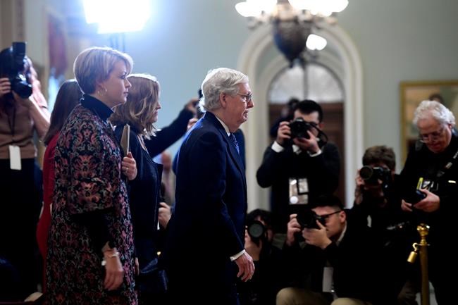Senate Majority Leader Mitch McConnell of Ky., walks towards the Senate floor on Capitol Hill in Washington, Wednesday, Feb. 5, 2020. (AP Photo/Susan Walsh)