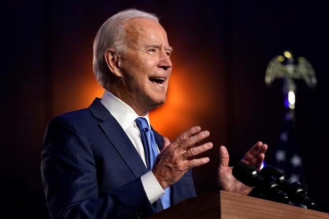 Democratic presidential candidate former Vice President Joe Biden speaks Friday, Nov. 6, 2020, in Wilmington, Del. (AP Photo/Carolyn Kaster)