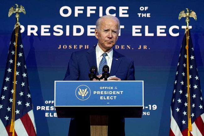 President-elect Joe Biden speaks Monday, Nov. 9, 2020, at The Queen theater in Wilmington, Del. (AP Photo/Carolyn Kaster)