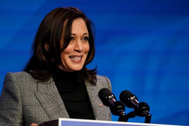 Vice President-elect Kamala Harris speaks during an event at The Queen theater, Saturday, Jan. 16, 2021, in Wilmington, Del. (AP Photo/Matt Slocum)