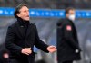 Hertha coach Bruno Labbadia shouts to players as he stands at the sidelines during the Bundesliga soccer match between Hertha BSC and Werder Bremen at Olympia Stadium in Berlin, Germany, Saturday Jan. 23, 2021. (Soeren Stache/Pool via AP)