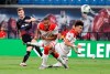 Leipzig's Timo Werner, left, scores his side's second goal during the German Bundesliga soccer match between RB Leipzig and Fortuna Duesseldorf in Leipzig, Germany, Wednesday, June 17. 2020. Center are against Duesseldorf's Zanka and right Alfredo Morales. (Jan Woitas/Pool via AP)