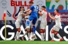 Duesseldorf's players celebrate after their side's second goal during the German Bundesliga soccer match between RB Leipzig and Fortuna Duesseldorf in Leipzig, Germany, Wednesday, June 17. 2020. Center are against Duesseldorf's Zanka and right Alfredo Morales. (Jan Woitas/Pool via AP)