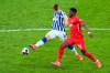 Berlin's Luca Netz, left, and Leipzig's Nordi Mukiele challenge for the ball during the German Bundesliga soccer match between Hertha BSC Berlin and RB Leipzig in Berlin, Germany, Sunday, Feb. 21, 2021. (Soeren Stache/Pool via AP)