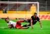 Cologne's Spanish defender Jorge Mere, left, and Leipzig's French midfielder Christopher Nkunku battles during the German Bundesliga soccer match between 1. FC Cologne and RB Leipzig, in Cologne, Germany, Monday, June 1, 2020. Because of the coronavirus outbreak all soccer matches of the German Bundesliga take place without spectators. (Ina Fassbender/Pool via AP)