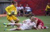 Switzerland's Lara Dickenmann gets stopped by Canada goalkeeper Erin McLeod as Canada's Allysha Chapman looks on during the first half of the FIFA Women's World Cup round of 16 soccer action in Vancouver on Sunday, June 21, 2015. After four season in Europe, veteran Canadian goalkeeper Erin McLeod is back in North American with the NWSL's Orlando Pride. THE CANADIAN PRESS/Jonathan Hayward