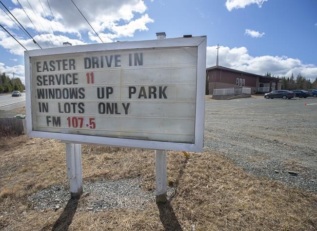 A sign announces an Easter service at Marine Drive Pentecostal Church in Head of Jeddore, N.S. on Sunday, April 12, 2020. An organization that advocates for constitutional freedoms wants the Saskatchewan Health Authority to say it was a mistake to tell a church an Easter drive-in service was a 'mass gathering' prohibited under public health orders. THE CANADIAN PRESS/Andrew Vaughan