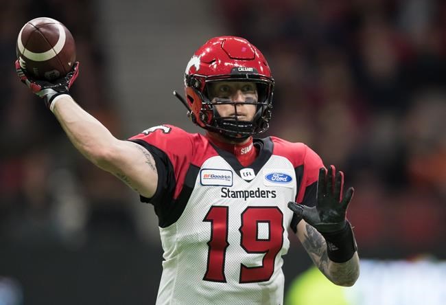 Calgary Stampeders quarterback Bo Levi Mitchell passes during first half CFL football action against the B.C. Lions, in Vancouver, Saturday, Nov. 2, 2019. Quarterback Bo Levi Mitchell of the Calgary Stampeders will hold a videoconference Tuesday afternoon. Mitchell had a cyst removed from his throwing shoulder during the off-season and the delayed start of the 2020 CFL season due to the COVID-19 pandemic has given Mitchell additional time to recover. THE CANADIAN PRESS/Darryl Dyck