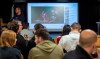 In this Thursday, Jan. 16, 2020 photo Bayern Munich fans gather for a panel discussion on the club’s sponsorship links with Qatar and its lack of response to alleged human rights abuses in the country at the EineWeltHaus (One World House) in Munich, Germany. (AP Photo/Ciaran Fahey)