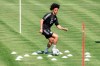 Leroy Sane, new player of the German first division, Bundesliga, soccer team FC Bayern Munich, takes part in a training session in Munich, Germany, Tuesday, July 14, 2020. (Matthias Balk/dpa via AP)