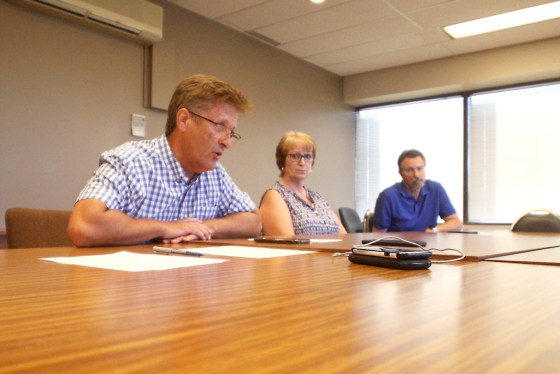 Tyler Clarke/The Brandon SunInfrastructure Minister Ron Schuler speaks as Agassiz MLA Eileen Clarke and Mayor Rick Chrest look on during a media conference in Brandon on Wednesday evening.