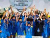 Ulsan Hyundai's players celebrate with a trophy after the AFC Champions League final match against Persepolis in Al Wakrah, Qatar, Saturday, Dec. 19, 2020. (AP Photo/Hussein Sayed)