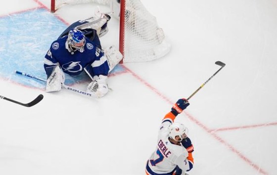 New York Islanders right wing Jordan Eberle (7) celebrates after scoring the game winning goal on Tampa Bay Lightning goaltender Andrei Vasilevskiy (88) during second overtime NHL Eastern Conference final playoff action in Edmonton on Tuesday, September 15, 2020. THE CANADIAN PRESS/Jason Franson