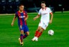 Barcelona's Sergino Dest fights for the ball against Sevilla's Suso during the Spanish La Liga soccer match between FC Barcelona and Sevilla FC at the Camp Nou stadium in Barcelona, Spain, Sunday, Oct. 4, 2020. (AP Photo/Joan Monfort)