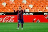 Barcelona's Lionel Messi celebrates scoring his side's 3rd goal during the Spanish La Liga soccer match between Valencia and Barcelona at the Mestalla stadium in Valencia, Spain, Sunday, May 2, 2021. (AP Photo/Alberto Saiz)