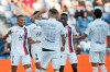 PSG players celebrates a goal during a friendly soccer match between Paris Saint Germain and Waasland-Beveren in Paris, Friday, July 17, 2020. (AP Photo/Christophe Ena)
