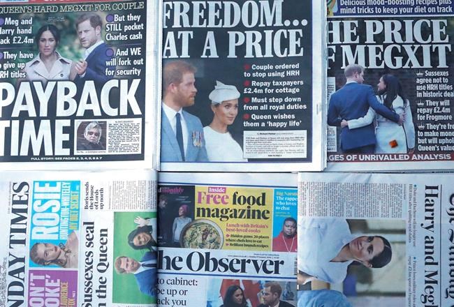 The front pages of London's Sunday newspapers are displayed in London, Sunday, Jan. 19, 2020.(AP Photo/Frank Augstein)