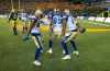 CP
Winnipeg Blue Bombers quarterback Zach Collaros (8), Kenny Lawler (89) and Darvin Adams (1) celebrate a touchdown against the Edmonton Elks during first half CFL action in Edmonton, Alta., on Saturday, September 18, 2021. (Jason Franson / The Canadian Press)