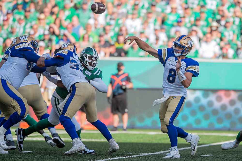 CP
Winnipeg Blue Bombers quarterback Zach Collaros (8) throws the ball during the first half. (Kayle Neis / The Canadian Press)