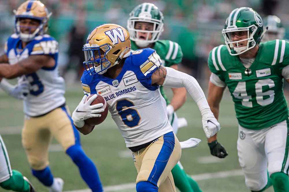 CP
Winnipeg Blue Bombers wide receiver Charles Nelson (6) runs the ball during the second half. (Kayle Neis / The Canadian Press)
