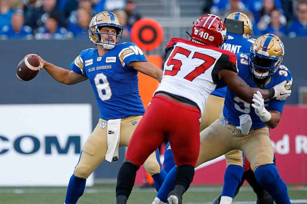 CP
Winnipeg Blue Bombers quarterback Zach Collaros (8) throws against the Calgary Stampeders during the first half. (John Woods / The Canadian Press)