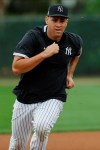 New York Yankees' Gary Sanchez runs during a spring training baseball workout Thursday, Feb. 20, 2020, in Tampa, Fla. (AP Photo/Frank Franklin II)