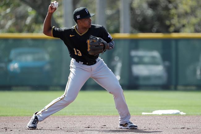 Pittsburgh Pirates' Ke'Bryan Hayes throws to second base during a spring training baseball workout Monday, Feb. 17, 2020, in Bradenton, Fla. (AP Photo/Frank Franklin II)