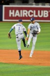 Tampa Bay Rays shortstop Willy Adames, left, and center fielder Kevin Kiermaier celebrate after defeating the Miami Marlins in a baseball game Friday, April 2, 2021, in Miami. (AP Photo/Gaston De Cardenas)