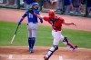 Philadelphia Phillies catcher Andrew Knapp misplays a foul ball hit by Toronto Blue Jays' Bo Bichette (11) during the first inning of a spring training exhibition baseball game in Clearwater, Fla., Tuesday, March 16, 2021. (AP Photo/Gene J. Puskar)