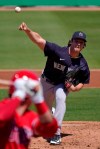 New York Yankees starting pitcher Gerrit Cole delivers to Philadelphia Phillies' Rhys Hoskins during the first inning of a spring training exhibition baseball game in Clearwater, Fla., Thursday, March 11, 2021. (AP Photo/Gene J. Puskar)