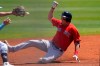 Boston Red Sox' Bobby Dalbec slides into second base with a double in the second Inning of a spring training baseball game against the Tampa Bay Rays on Monday, March 15, 2021, in Port St. Lucie, Fla.. (AP Photo/John Bazemore)