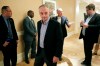 MLB Commissioner Rob Manfred, center, leaves a press conference during MLB baseball owners meetings, Thursday, Feb. 6, 2020, in Orlando, Fla. (AP Photo/John Raoux)