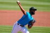 Miami Marlins starting pitcher Sandy Alcantara throws during the first inning of a spring training baseball game against the Washington Nationals, Thursday, March 11, 2021, in Jupiter, Fla. (AP Photo/Lynne Sladky)