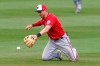 Washington Nationals shortstop Trea Turner cannot get to a ball hit by St. Louis Cardinals' Paul Goldschmidt for a single during the fifth inning of a spring training baseball game, Monday, March 15, 2021, in Jupiter, Fla. (AP Photo/Lynne Sladky)