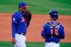 New York Mets reliever Dellin Betances, left, talks with catcher Caleb Joseph (15) as he comes in to pitch during the fifth inning of a spring training baseball game against the Miami Marlins, Friday, March 12, 2021, in Port St. Lucie, Fla. (AP Photo/Lynne Sladky)
