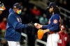 Houston Astros manager Dusty Baker Jr. takes the ball from starting pitcher Lance McCullers Jr. as he is relieved during the third inning of a spring training baseball game against the Washington Nationals, Tuesday, March 9, 2021, in West Palm Beach, Fla. (AP Photo/Lynne Sladky)