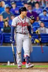 Atlanta Braves' Alex Jackson reacts to being called out on strikes against the Toronto Blue Jays during the sixth inning of a baseball game Friday, April 30, 2021, in Dunedin, Fla. (AP Photo/Mike Carlson)