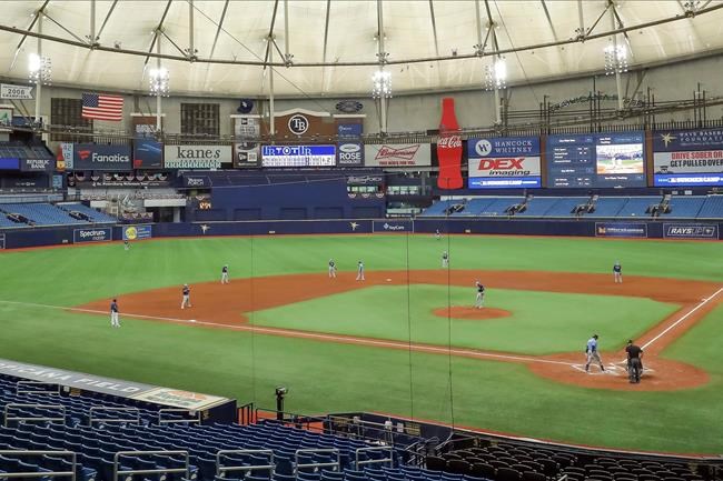 The Tampa Bay Rays use a two outfielder, five infielder defense during a team baseball scrimmage Thursday, July 16, 2020, in St. Petersburg, Fla. (AP Photo/Mike Carlson)