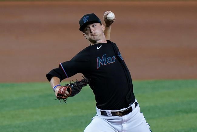 Miami Marlins' Braxton Garrett pitches during the first inning of the second game of a baseball doubleheader against the Philadelphia Phillies, Sunday, Sept. 13, 2020, in Miami. (AP Photo/Wilfredo Lee)
