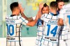 Inter's Vidal, center, celebrates with teammates after scoring his side's first goal on a penalty kick during the Italian Cup round of 16 soccer match between Fiorentina and Inter Milan, at the Artemio Franchi stadium in Florence, Italy, Wednesday, Jan. 13, 2021. (Jennifer Lorenzini/LaPresse via AP)