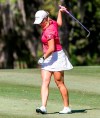 Jennifer Kupcho reacts to her shot onto the 18th green as it rolls off the back of the green during the second round of the LPGA Tour golf tournament at Golden in Ocala Golf and Equestrian Club, Friday, March 5, 2021, in Ocala, Fla. (Doug Engle/in Ocala Star-Banner via AP)