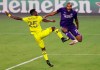 Orlando City's Tesho Akindele (13) leaps beside Columbus Crew's Harrison Afful (25) during an MLS soccer game, Wednesday, Nov. 4, 2020, in Orlando, Fla. (Stephen M. Dowell/Orlando Sentinel via AP)